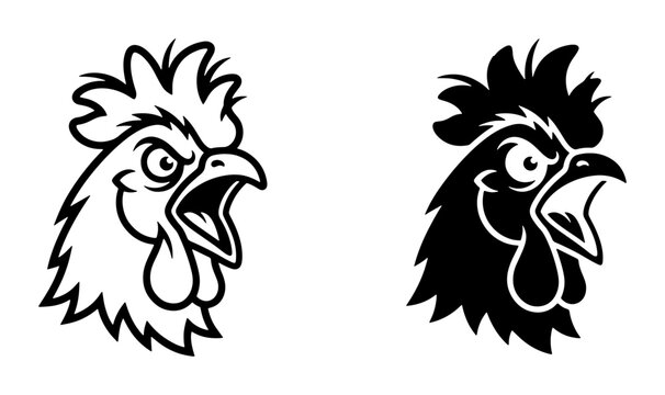 Rooster Head Vector Icons, Angry Chicken Profile Graphics, Farm Animal Silhouette, Bold Black and White Poultry Emblems for Branding and Design