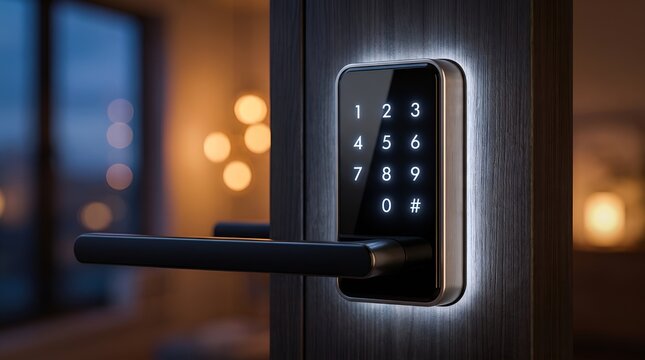 Modern digital door lock featuring glowing white numbers on a sleek black touch interface mounted upon dark wooden textured surfaces