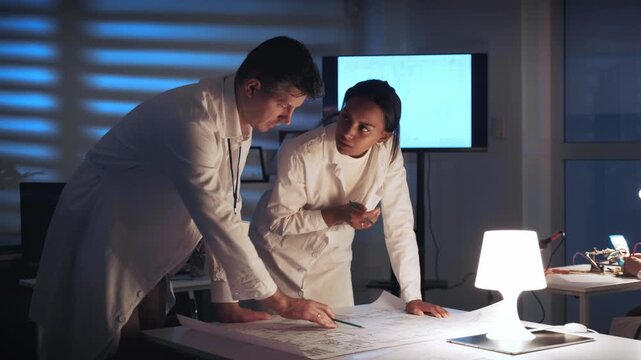 Two engineers in white lab coats collaborate on an electronics schematic in a modern laboratory setting with technical equipment and digital displays.