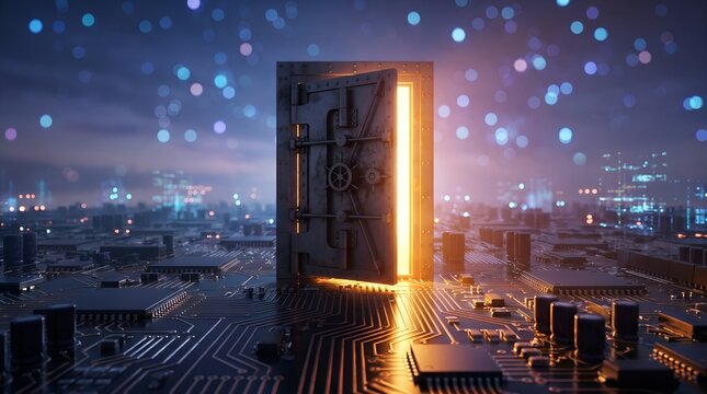 Heavy metal vault door stands slightly ajar emitting brilliant golden light upon a sophisticated dark complex circuit board electronic platform