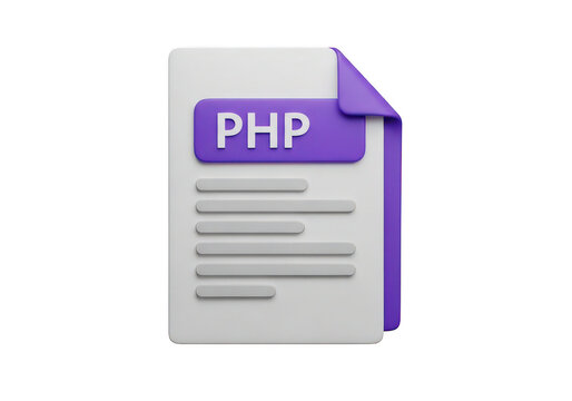 A 3d rendered php file document with purple tab is displayed on transparent background