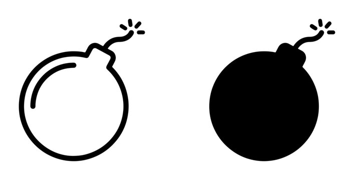 Explosive Bomb Icon Set, Danger Symbol Vector, Black and White Blast Illustration, Threat Concept Graphic