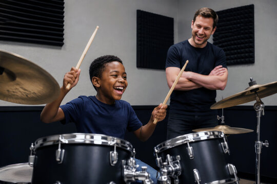 A smiling boy sits behind a drum kit with raised sticks while his teacher stands nearby in a studio with acoustic panels. Creative childhood concept