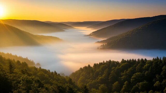Sunrise mountain valley mist scenery with golden light over forested hillsides nature filmmaking