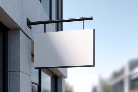 Blank white signboard on modern building exterior with clear blue sky