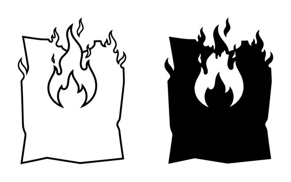 Burning Paper Icon Set, Fire Document Vector Graphics, Flame Sheet Illustration, Burned Document Symbol, Ignited Page Graphic