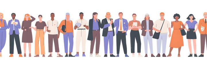 Obraz premium Diverse group of people standing together in a modern 2D vector illustration style