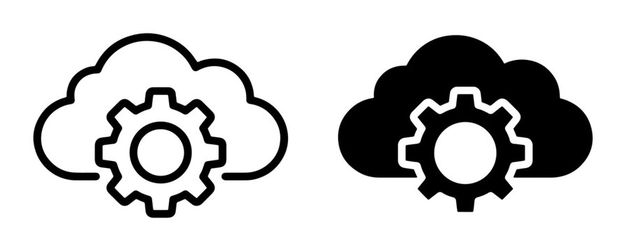 Cloud Computing Icons, Gear Settings, Data Storage, Technology Service, Digital Operations, System Configuration, Vector Graphics