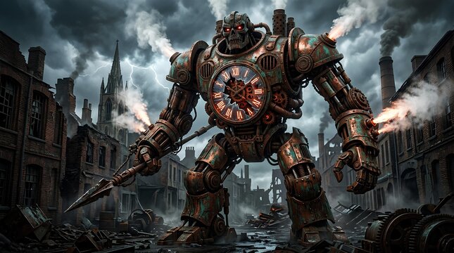 Battle-damaged steampunk robot in ruined industrial city landscape.
