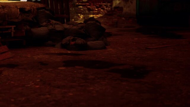 Garbage bags are piled on the ground in a dark and cluttered space. The area shows scattered dirt and debris with a faint light illuminating parts of the scene.