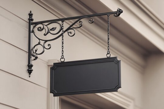 Vintage black metal store sign hanging on white brick wall with ornate iron bracket
