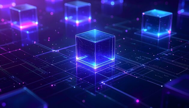 Violet and indigo translucent cube modules scattered across wide negative space above a dark microcircuit surface. Futuristic technology concept with a soft violet aura.