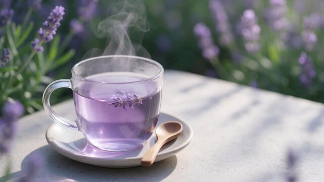 Herbal lavender tea for wellness and relaxation break on wooden table