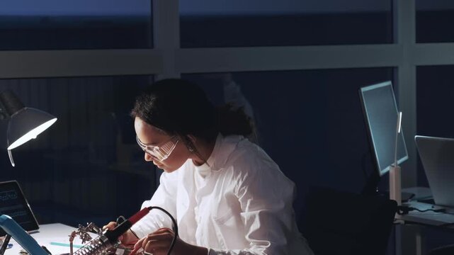 African American woman electronics specialist wearing protective glasses and white coat working with multimeter and circuit boards in a nighttime laboratory setting.