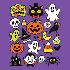 Obraz premium Cute Halloween Doodle Collection – Spooky Ghost, Pumpkin, Witch and Monster Illustrations
