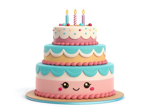 Colorful three-tiered birthday cake with happy face design and candles