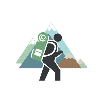 Minimalist hiker icon with mountains and backpack vector illustration