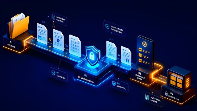 Isometric Digital Document Workflow Process with Secure Processing and Compliance Check Automation Concept