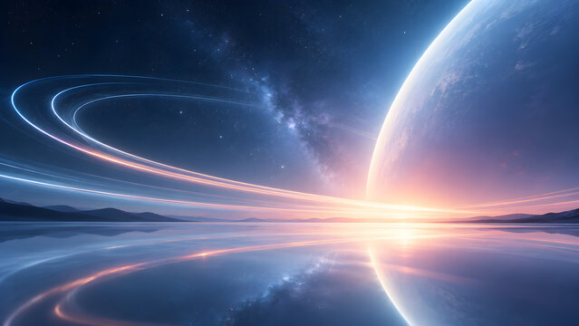Futuristic Orbital Light Trails Across Distant Planet Horizon