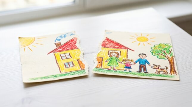 A child drawing of a happy family and house ripped in two pieces on a table illustrates the emotional impact of divorce on children and families, underscoring the broken family