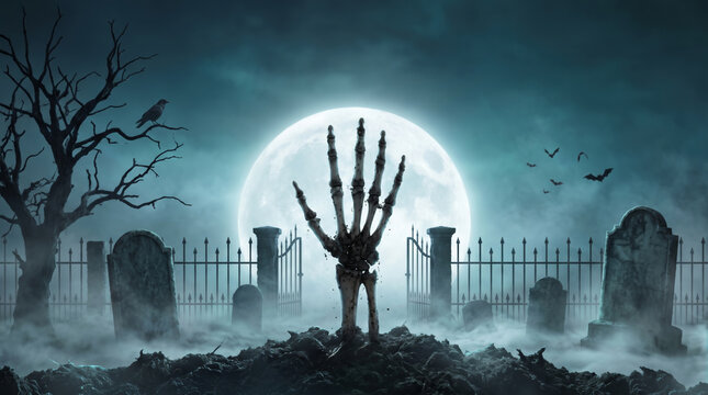 Skeleton bone graveyard tombstone beneath full moon. Haunted cemetery gravestone. Halloween horror creepy gothic, skull death, fear skittish mystery