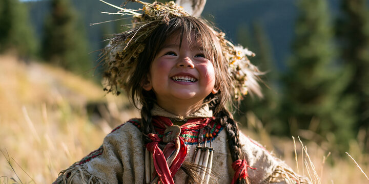 A young Native American child smiles joyfully, adorned with traditional regalia and a headdress, looking up towards the sky in a sun-drenched field