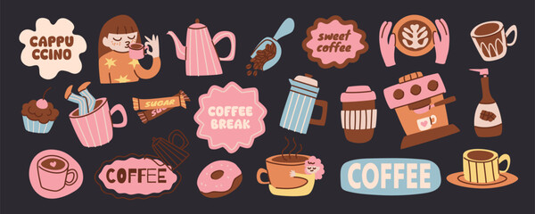 Plakat Retro coffee sticker collection with groovy cafe cups, cartoon mugs and doodle cupcakes. Vintage shop illustration with espresso beans, latte art and cappuccino icons for bakery menu design.