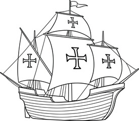  Christopher Columbus ship caravel line art illustration vintage wooden sailing vessel vector graphic design element © Md