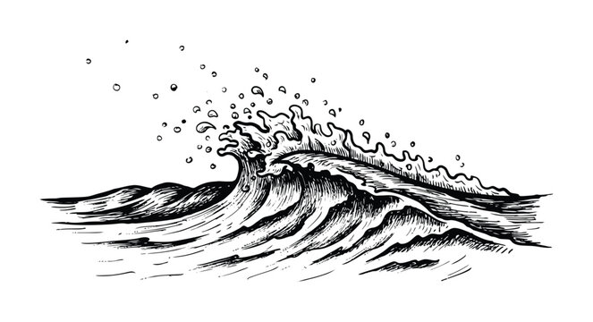 Hand drawn of a crashing ocean wave in black and white