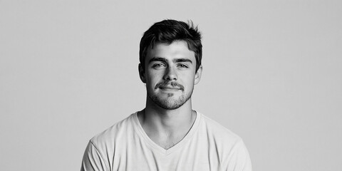 Obraz premium A young man with short brown hair and stubble, wearing a light t-shirt, smiles faintly at the camera in this black and white portrait
