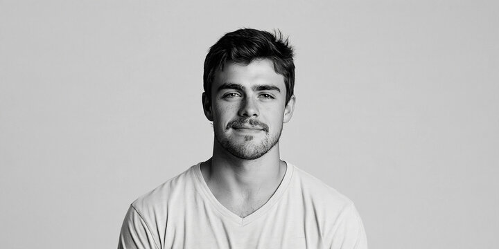 A young man with short brown hair and stubble, wearing a light t-shirt, smiles faintly at the camera in this black and white portrait