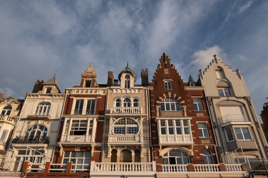 Historic seafront villas with ornate facades balconies and gabled roofs at Malo les Bains on the northern coast of France