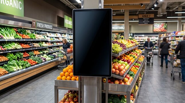 A blank digital display screen mounted on a metal post in a grocery store aisle with produce section grocery fresh fruits vegetables black screen stands