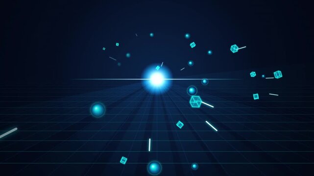 Glowing Digital Particles Bursting From A Central Light Source Over A Dark Blue Tech Grid Background For Futuristic Motion Graphics And Presentations