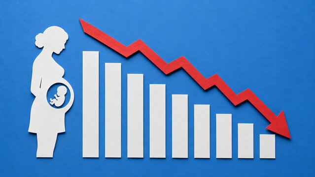 A paper cutout of a pregnant woman beside a descending bar chart and a sharp red arrow showing a sharp decline in birth rates on a blue background.