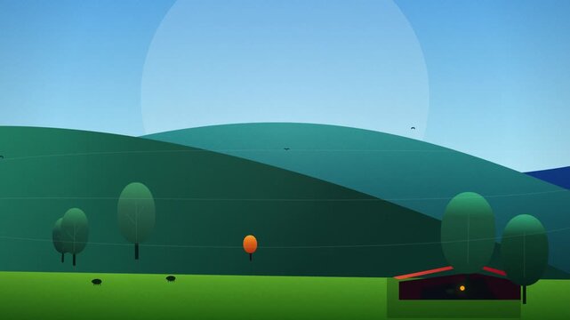 Minimalist 2D vector animation of green rolling hills under a clear blue sky with a large sun cozy cabin and sheep grazing in the quiet pasture