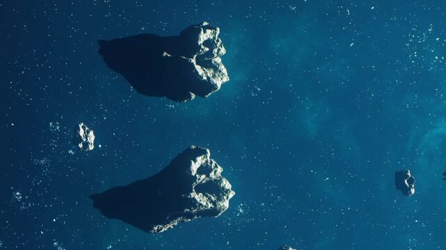 Multiple asteroids can be seen floating in the vastness of space. Stars twinkle in the dark background creating an otherworldly scene. The asteroids vary in size and shape.
