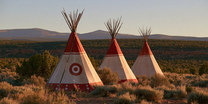 Three Native American teepees stand in a dry, desert landscape at sunset. The teepees are cone-shaped tents with wooden poles and are decorated with red and white patterns.