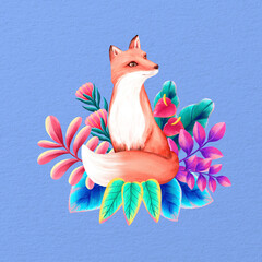 Obraz premium Cute fox illustration, blue floral design