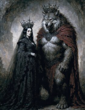 Oil painting style portrait of a vampire queen and a werewolf king wearing crowns
