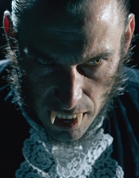Close up portrait of a refined yet terrifying werewolf man showcasing sharp fangs and lace cravat