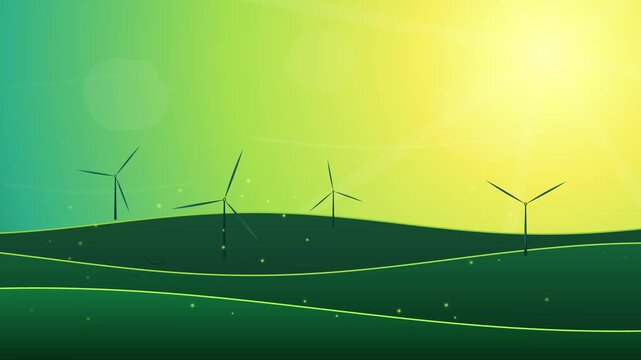 Minimalist vector animation of spinning wind turbines on green hills under a bright shining sun representing clean renewable energy and technology