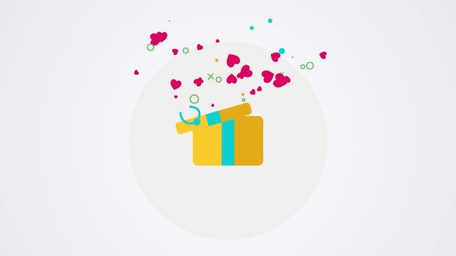 Yellow gift box opening on a clean white background with pink hearts and colorful confetti particles floating upwards in a beautiful flat animation