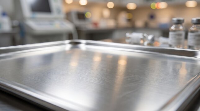 Empty Sterile Metal Surgical Tray in Hospital Laboratory Room