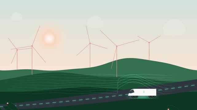 Eco friendly electric delivery truck driving on road with green energy wind turbines and sun in flat animation representing sustainable logistics