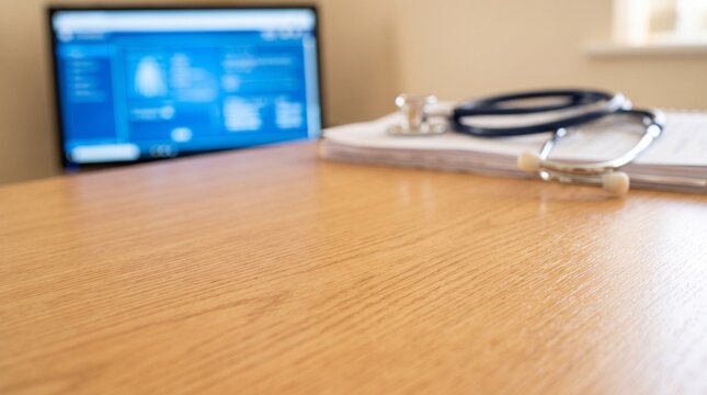 Doctor's office desk with stethoscope and computer screen