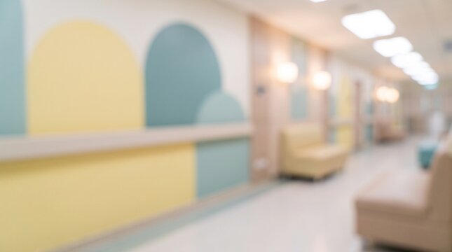 Modern out of focus hospital waiting area interior with pastel walls