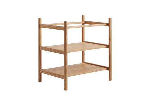 Wooden shelving unit with four tiers stands on transparent background