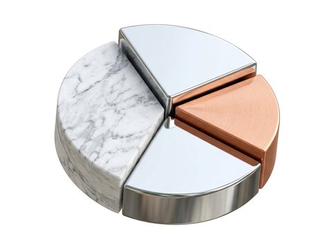 A 3d rendered pie chart composed of marble, polished chrome, and brushed copper segments isolated on white background