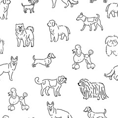 Fototapeta premium Seamless dog breeds pattern with hand drawn illustrations of various dogs. Perfect for pet themed designs, fabric, and wallpaper.